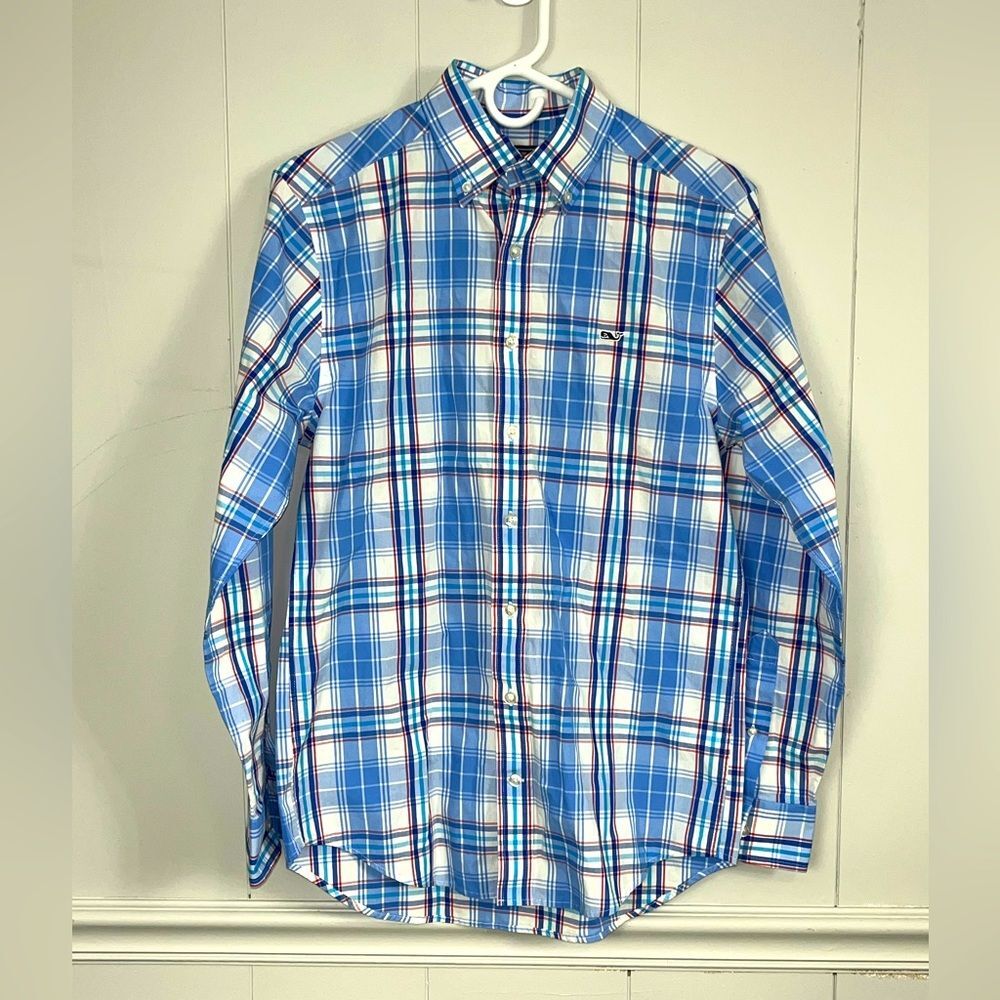 Vineyard Vine Plaid Slim Fit Whale Shirt 100% Cotton Blue/ White/ Red Shirt Sm
